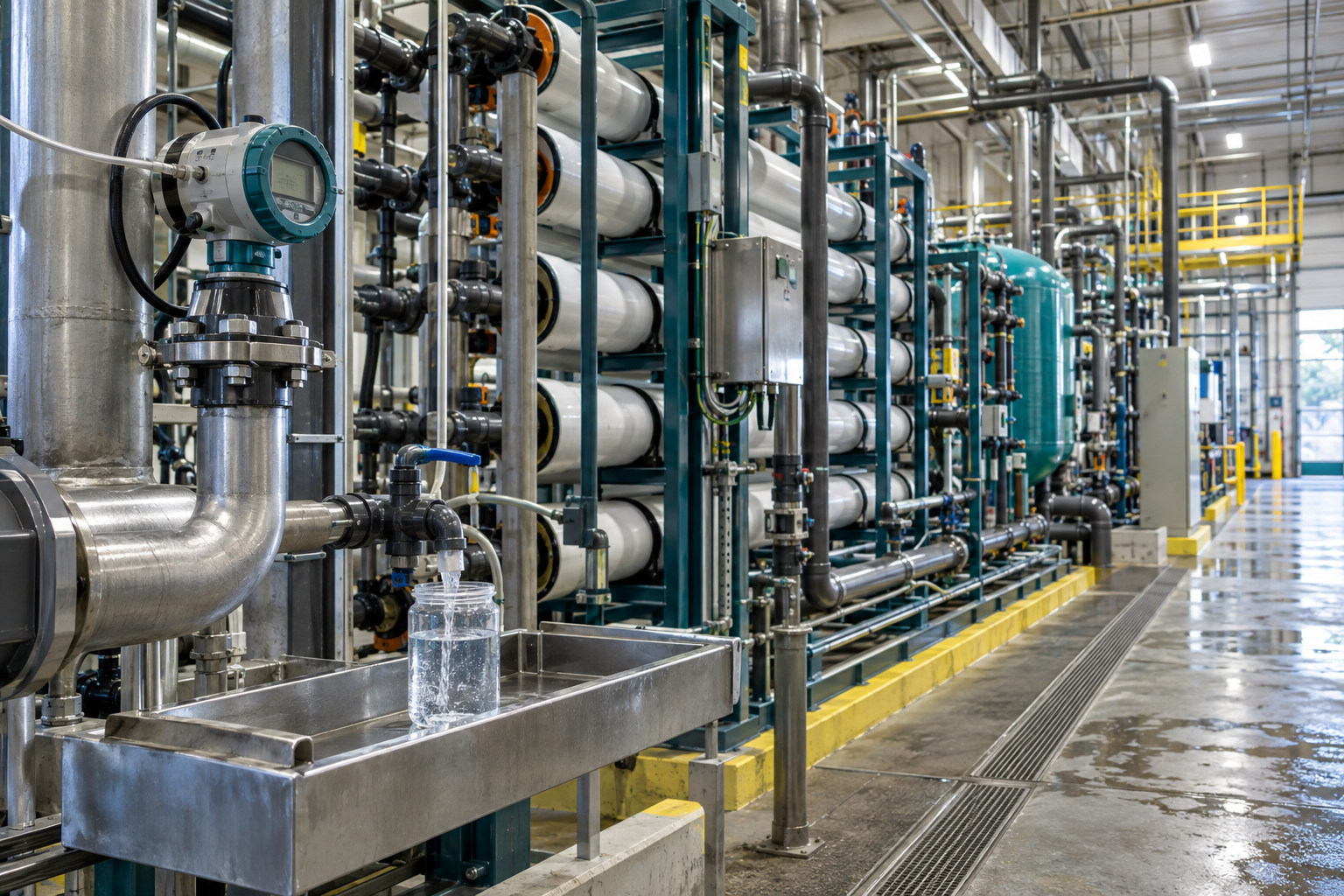 Water treatment equipment and sampling station in an industrial process hall