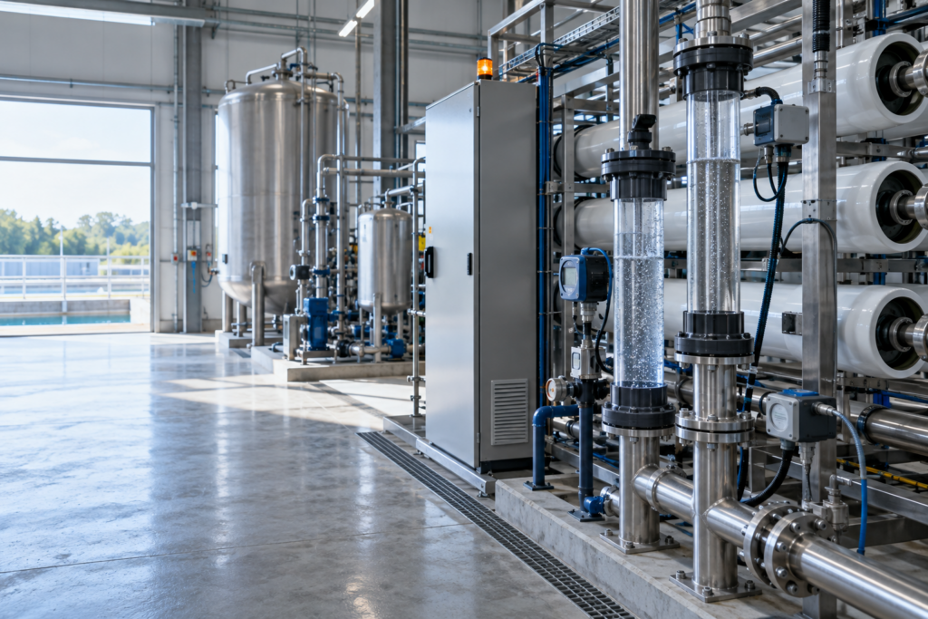 Industrial water-reuse equipment with membrane housings and water-quality sensors