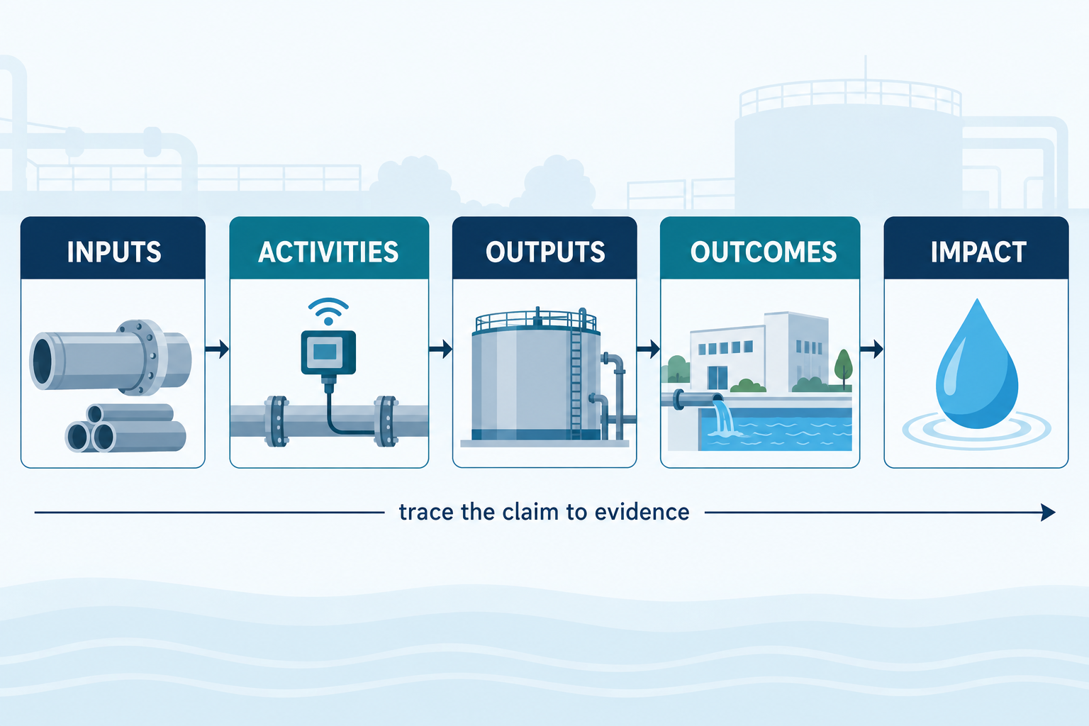 Five-stage water impact measurement pathway from inputs to impact