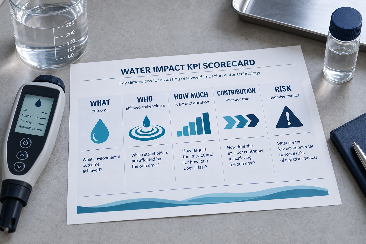 Water impact KPI scorecard beside a water-quality sensor and sample vial