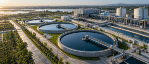 Industrial water-reuse campus with circular clarifier basins and treatment channels