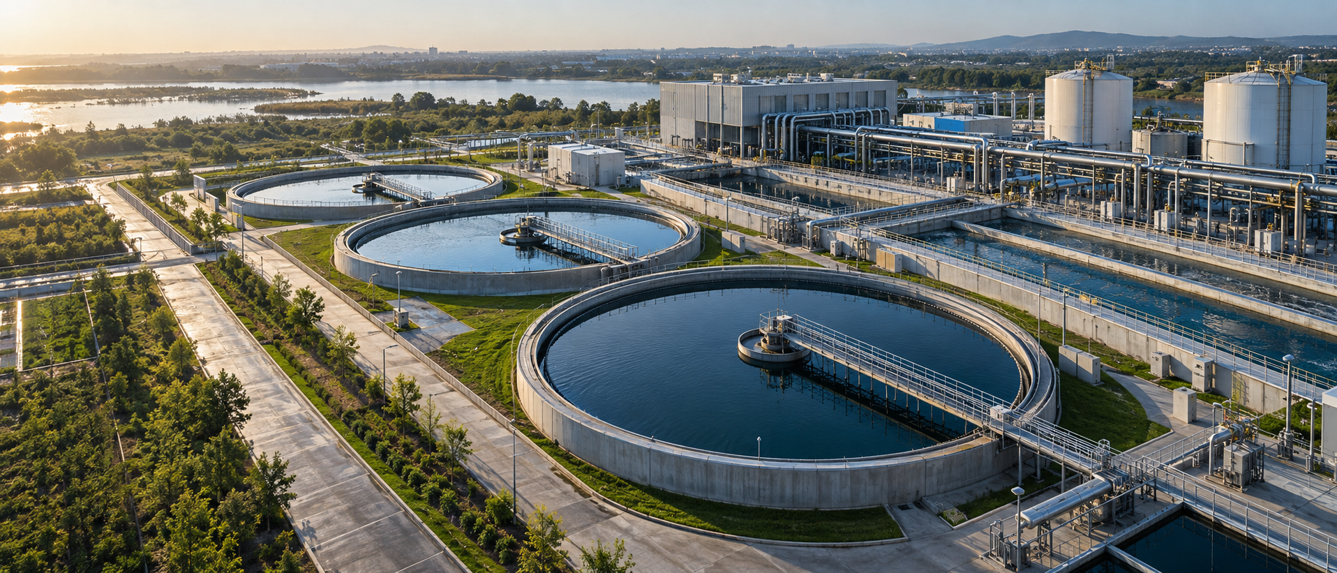 Industrial water-reuse campus with circular clarifier basins and treatment channels