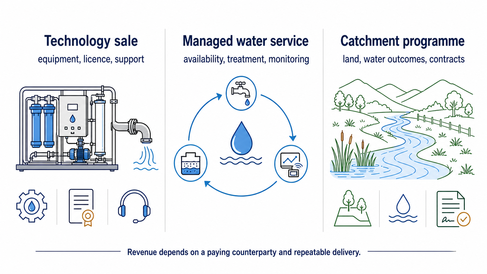 Comparison diagram of technology sale, managed water service and catchment programme routes
