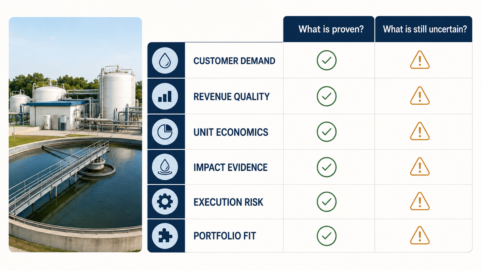 Water-treatment investment underwriting scorecard comparing proof and uncertainty