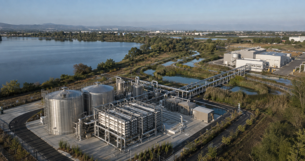 Water-reuse treatment facility beside a restored wetland