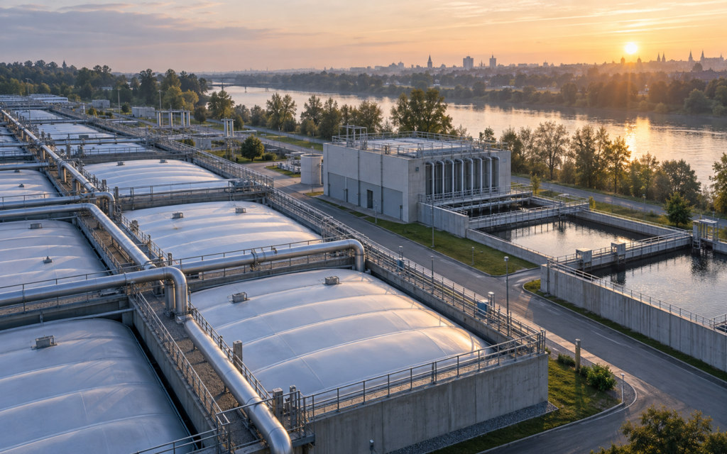 Urban wastewater treatment plant beside a river
