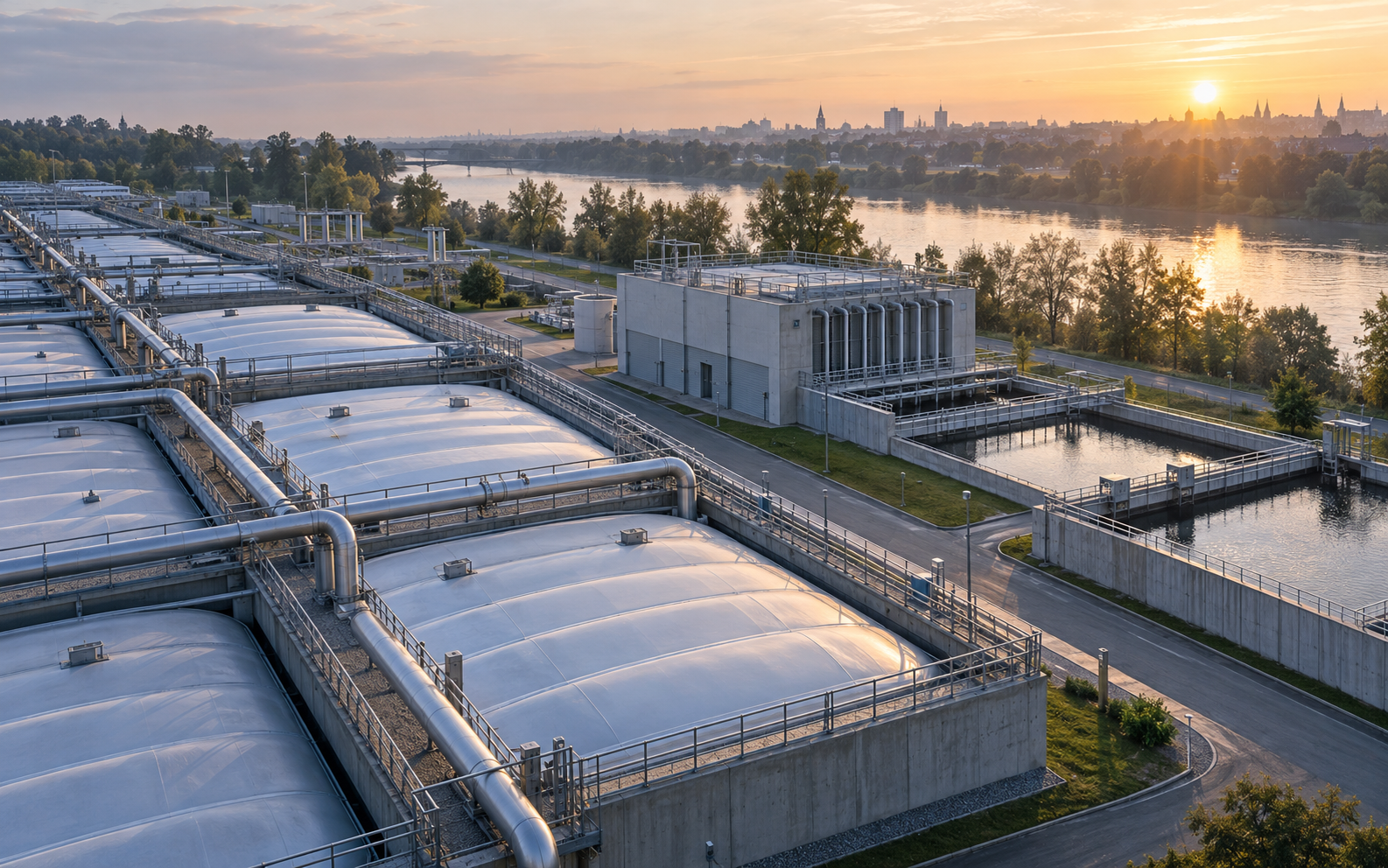 Urban wastewater treatment plant beside a river