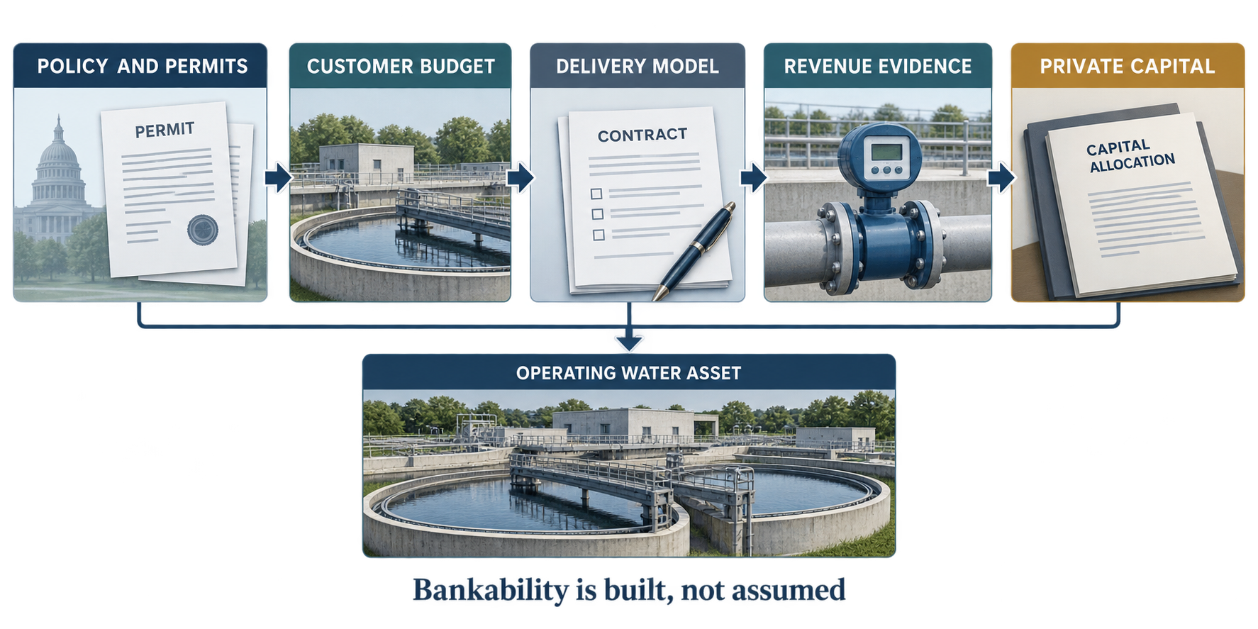 Diagram showing the evidence path from customer need to private capital for a wastewater asset