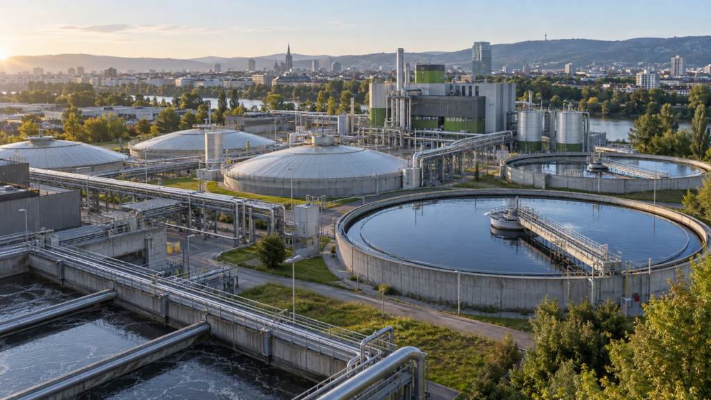 Modern wastewater treatment and resource recovery facility beside a city