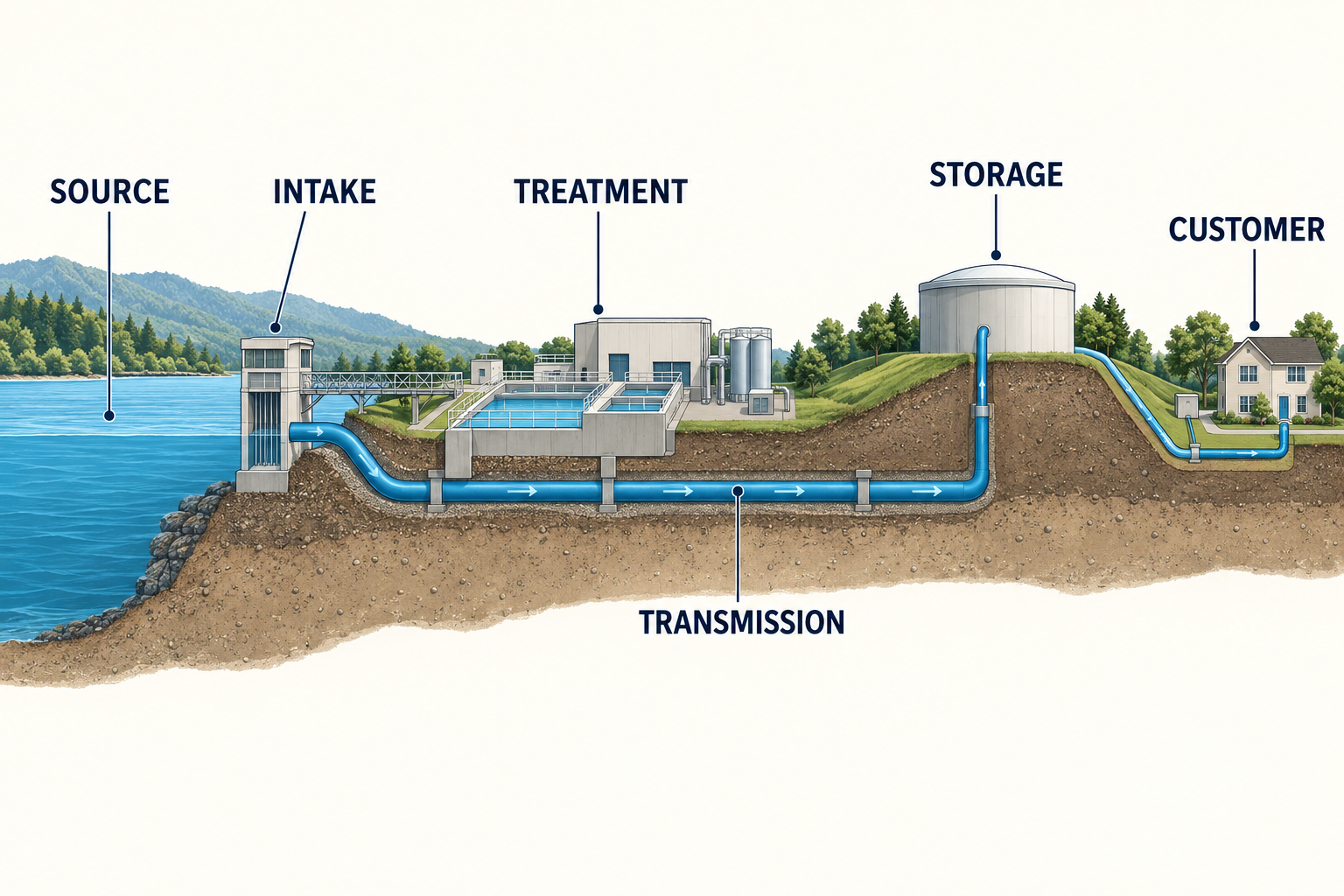 Illustrated water infrastructure cross-section from source intake through treatment and transmission to a contracted customer