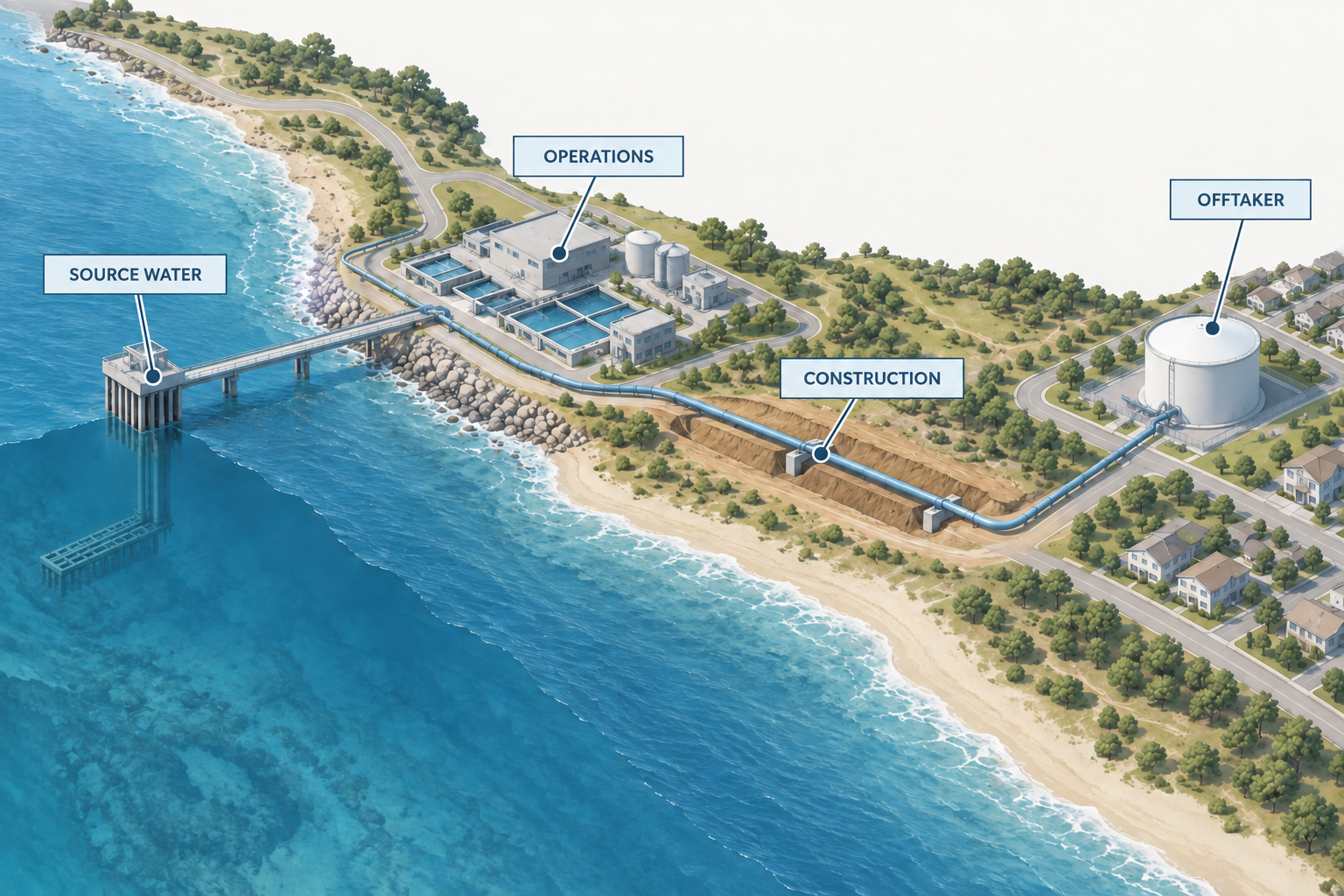 Illustrated coastal water project cutaway marking source-water, construction, operations and offtaker risk locations