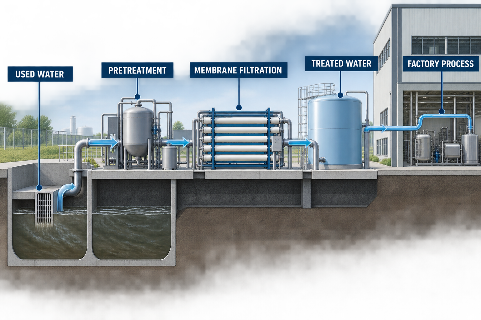 Industrial water-reuse treatment line with tanks, pipes, sensors and a connected customer facility, shown without people