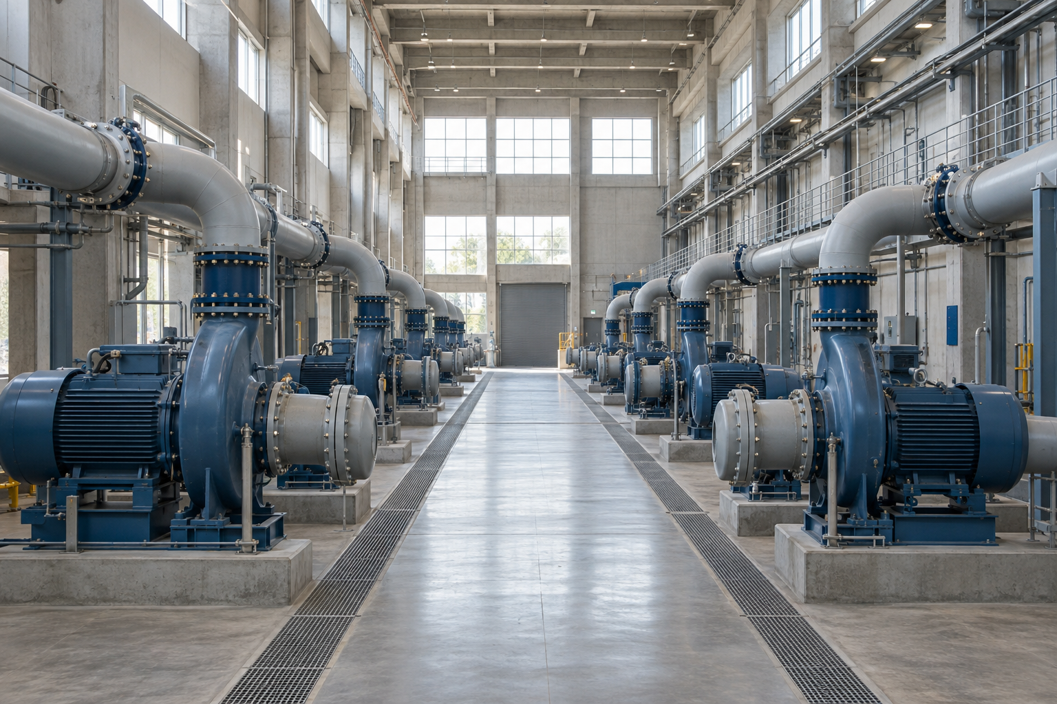 Interior of a large water transmission pumping station with parallel pumps and pipes, shown without people