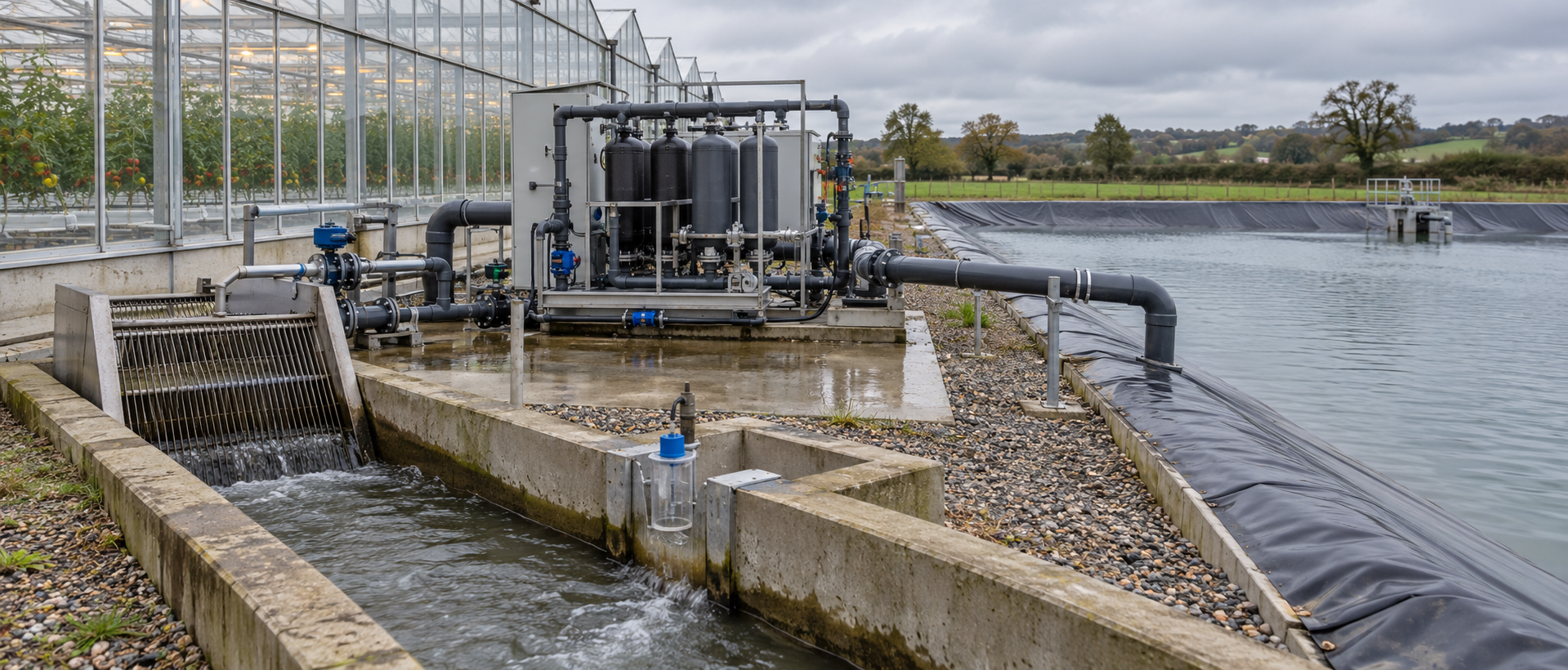 Farm-scale water treatment system beside a greenhouse and lined irrigation reservoir