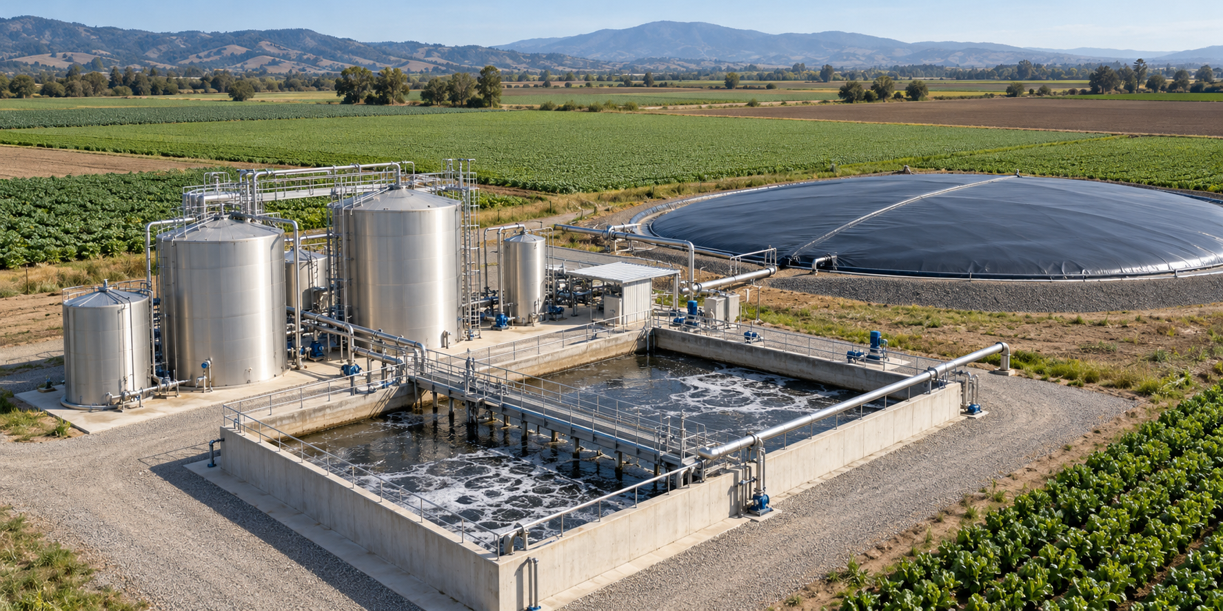 Agricultural wastewater treatment facility beside cultivated fields