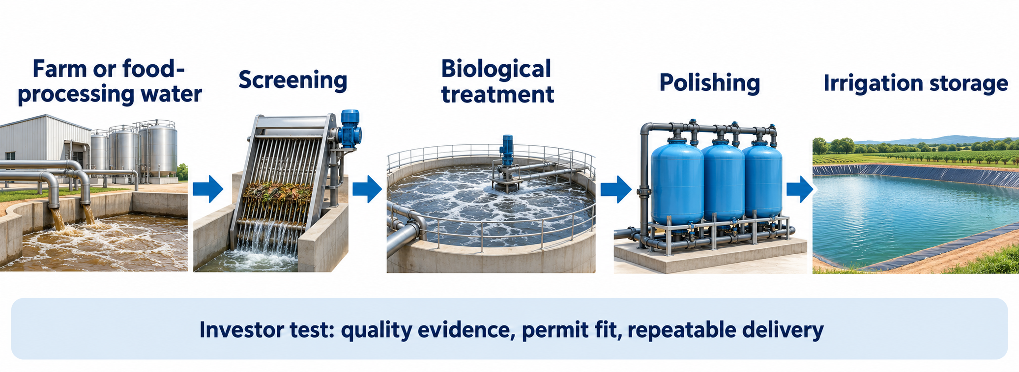 Agricultural wastewater treatment pathway from farm or food-processing water to irrigation storage