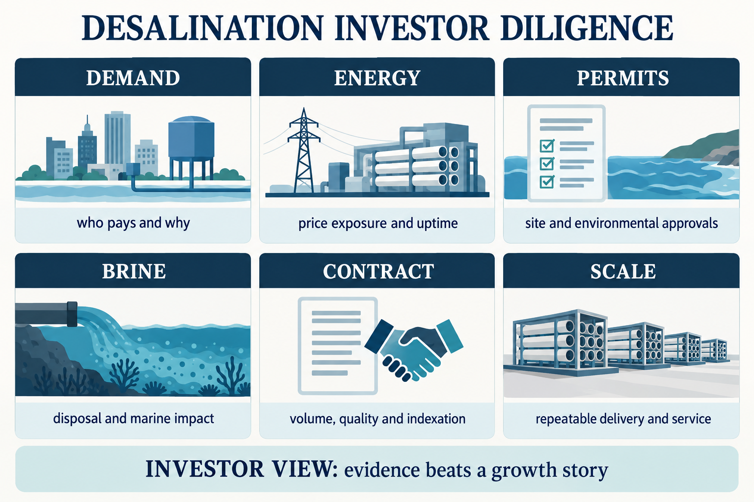 Six-part desalination investor diligence scorecard
