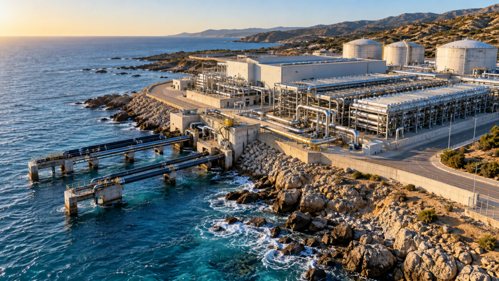 Coastal seawater desalination facility with intake structures and treatment halls
