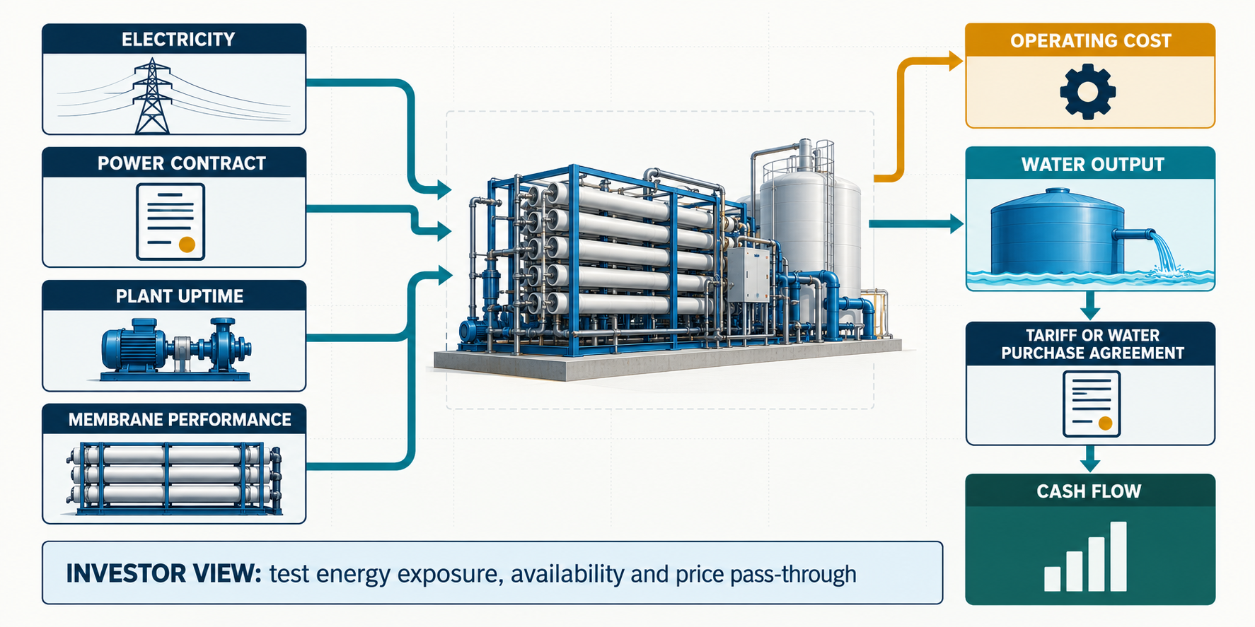 Desalination operating economics linking electricity, uptime and water output