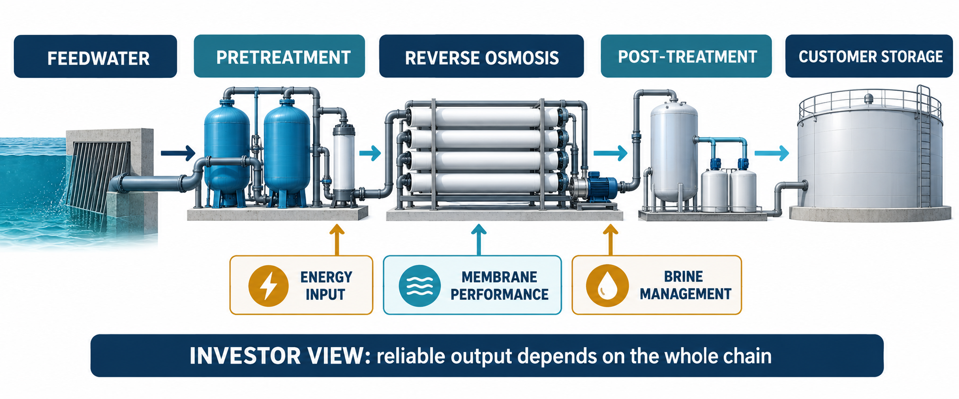 Desalination treatment pathway from feedwater to customer storage