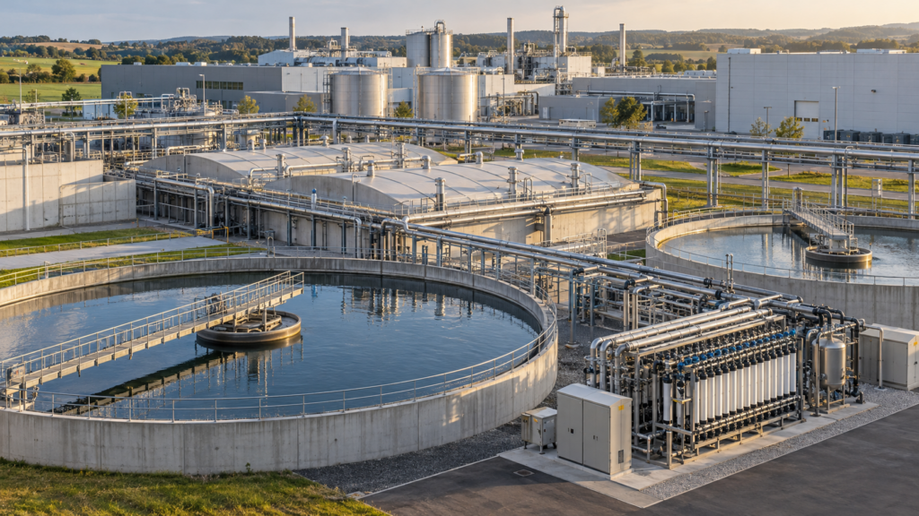 Industrial effluent treatment facility with clarifier basins and membrane equipment