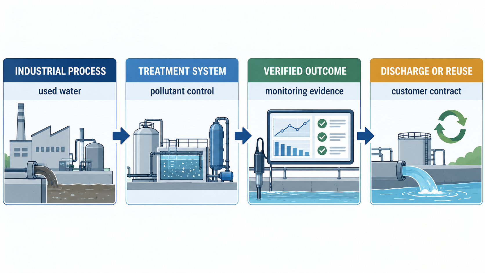 Effluent treatment value chain from industrial process to verified discharge or water reuse