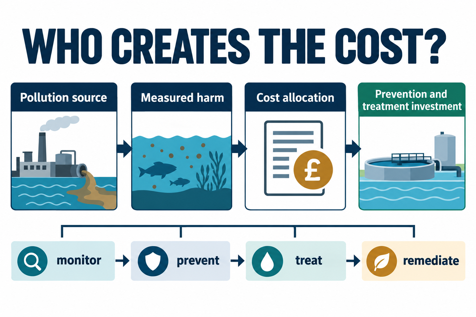 Pollution source, measured harm, cost allocation and treatment investment pathway