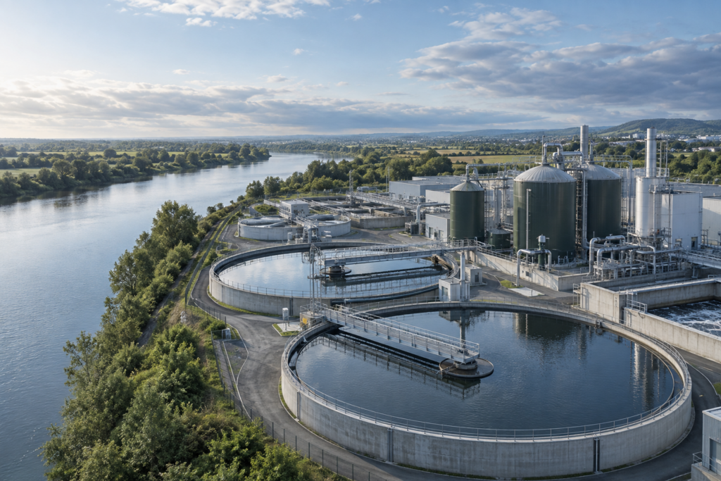 Industrial wastewater treatment and resource-recovery facility beside a river