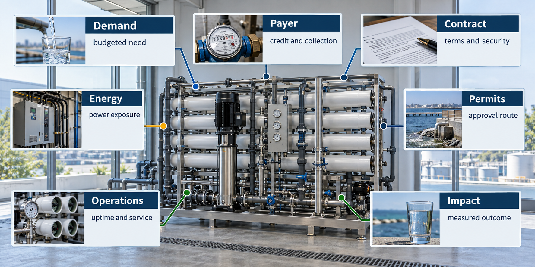 Reverse osmosis investor diligence scorecard covering demand, payer, energy, permits, operations and impact