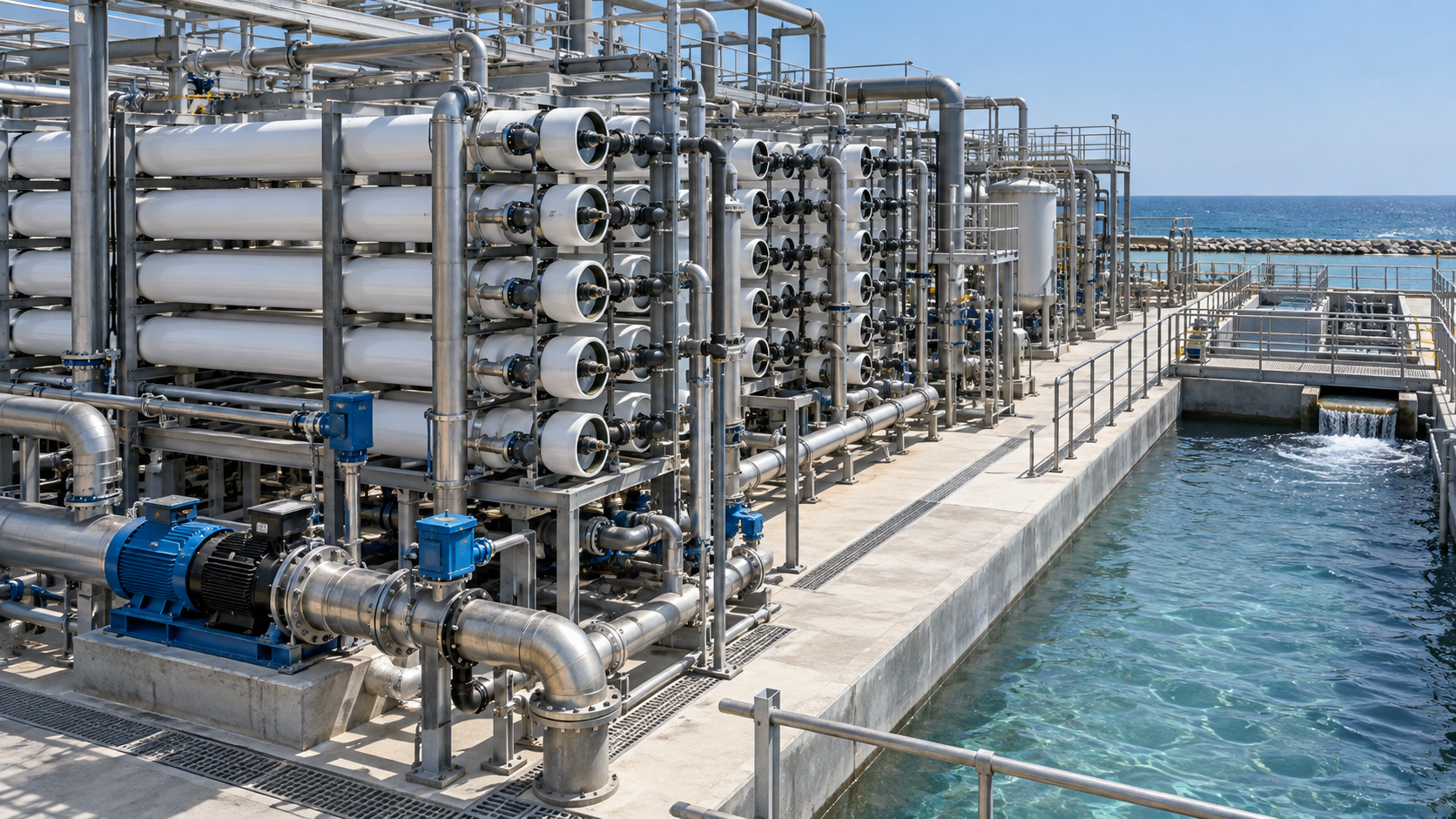 Industrial reverse osmosis membrane vessels, pipework and product-water channel beside the sea