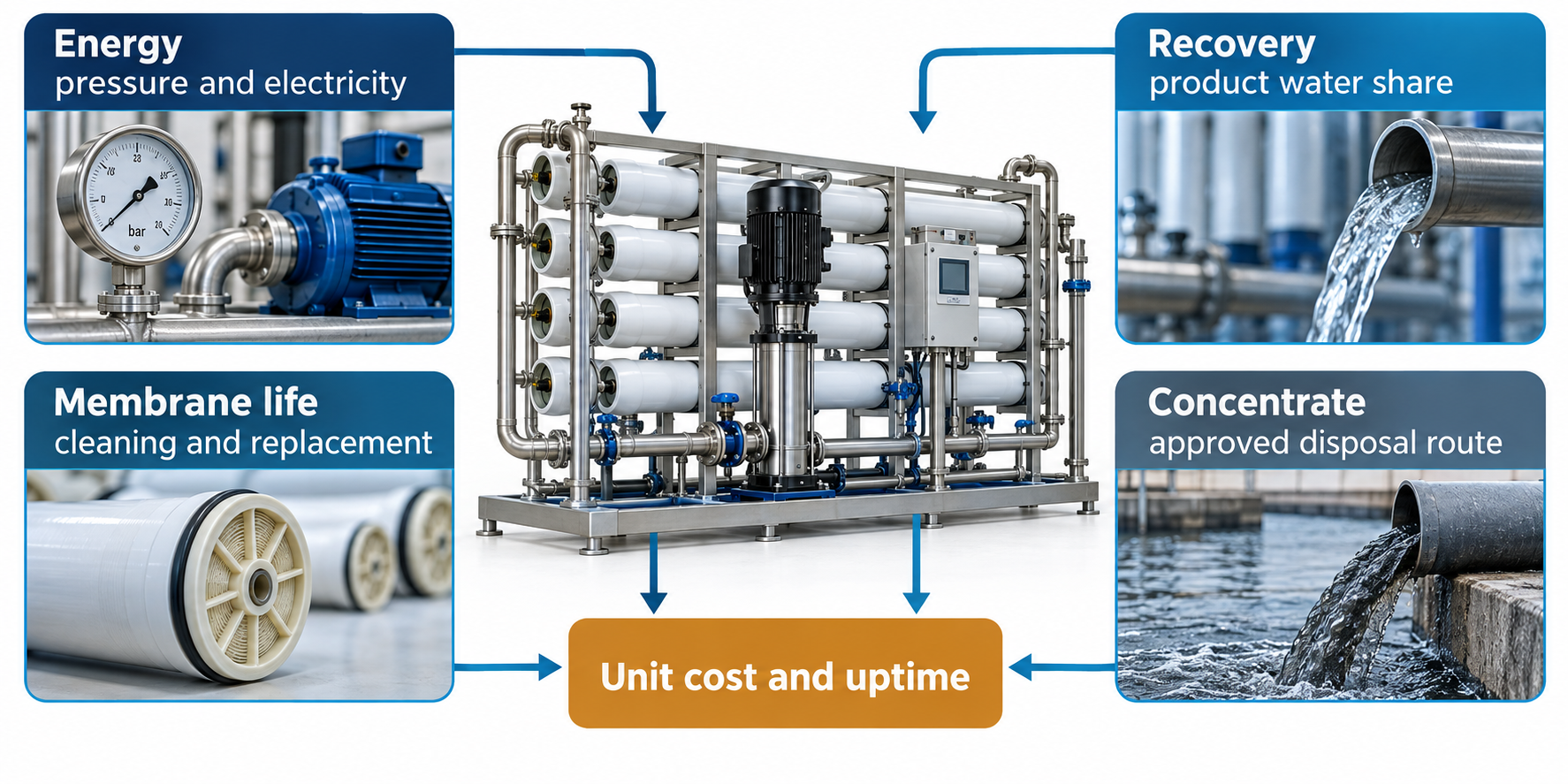 Reverse osmosis operating economics diagram showing energy, recovery, membrane life and concentrate management