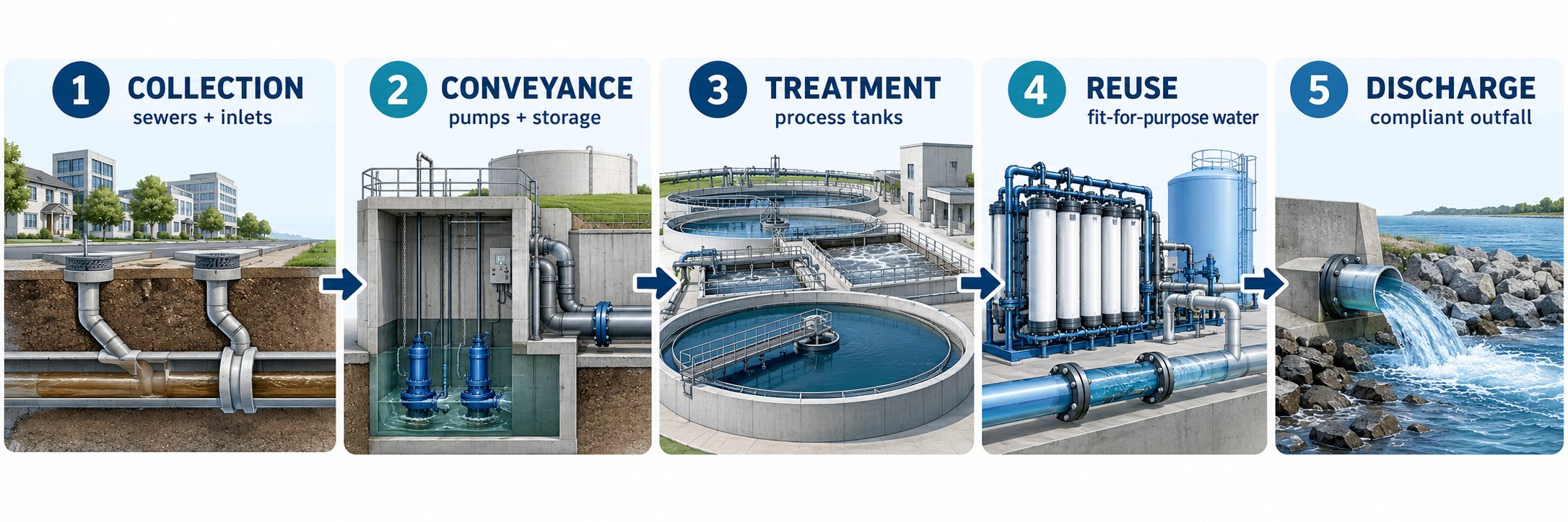 Diagram of wastewater infrastructure from collection network to treatment, reuse and discharge