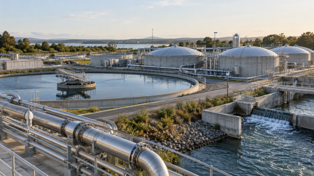 Wastewater treatment facility with settling basins, covered process tanks and underground pipework