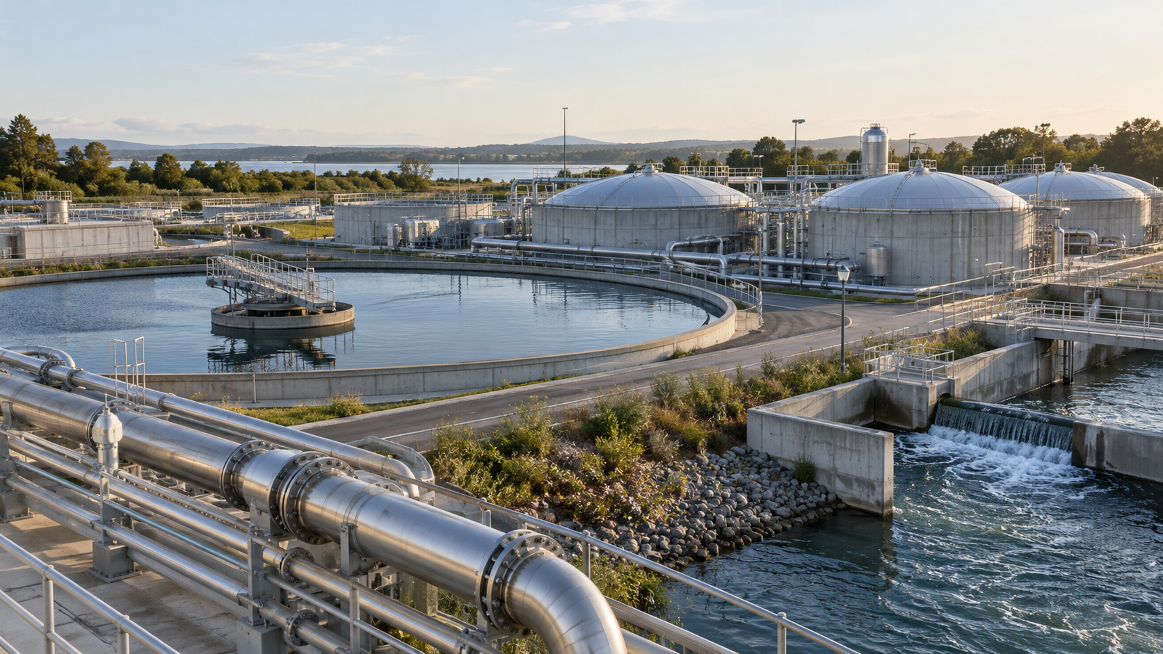 Wastewater treatment facility with settling basins, covered process tanks and underground pipework