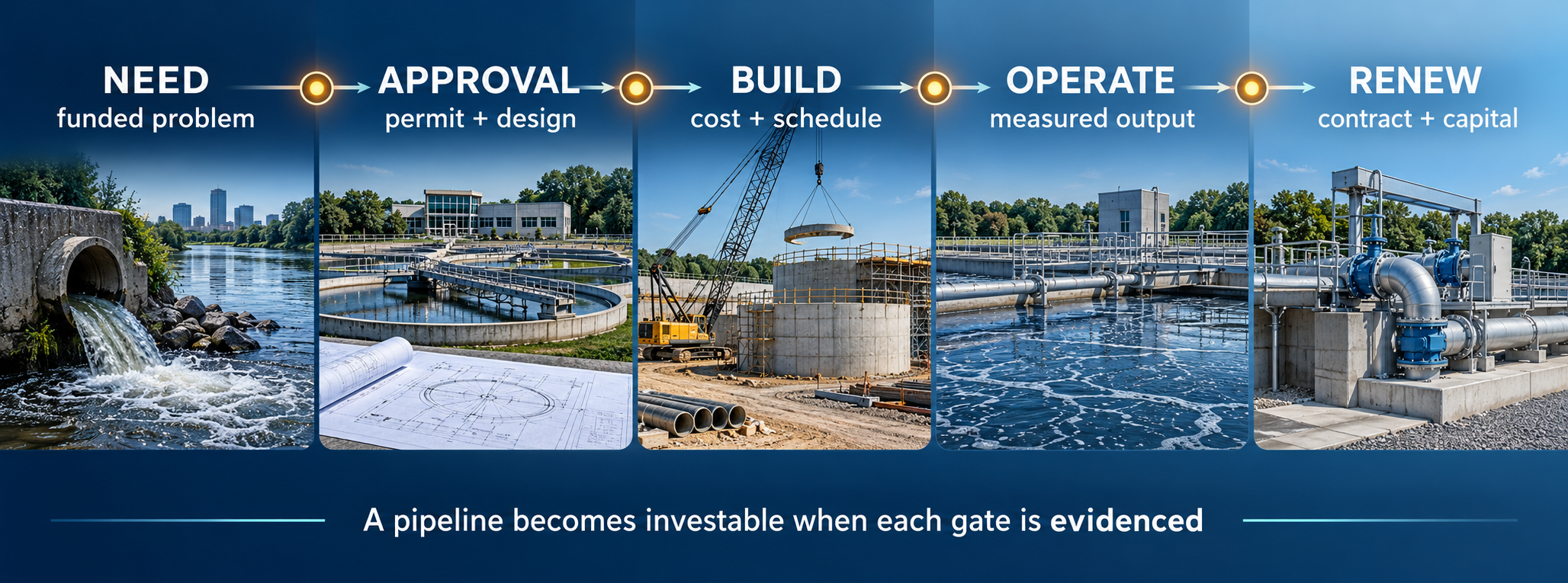 Project pathway from wastewater need through approval, construction, operation and renewal