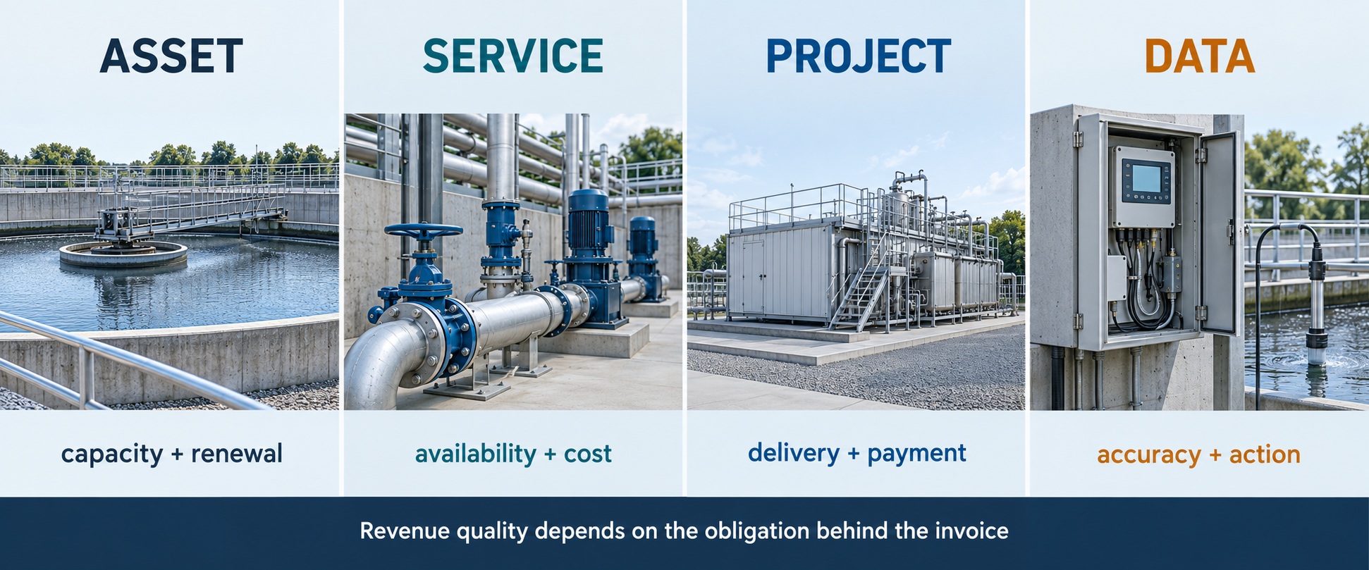 Diagram comparing wastewater infrastructure revenue models for assets, services and projects
