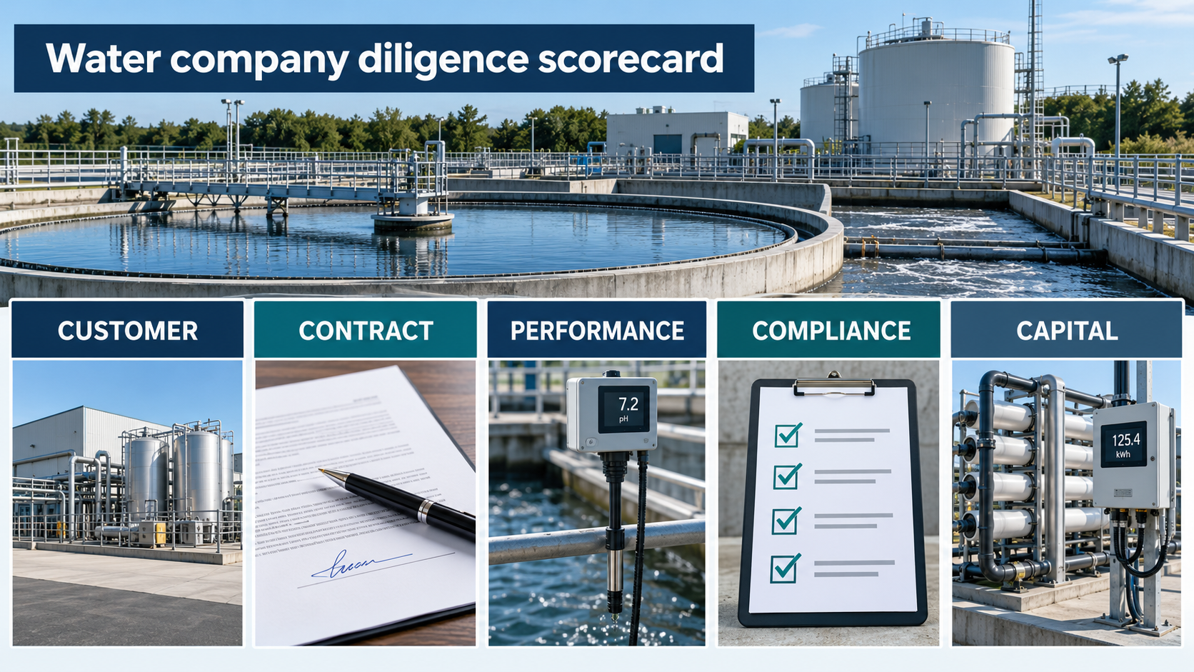 Water company diligence scorecard with customer, contract, performance, compliance and capital panels