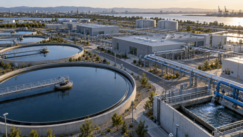 Water and wastewater treatment campus with clarifier basins and pipe corridors