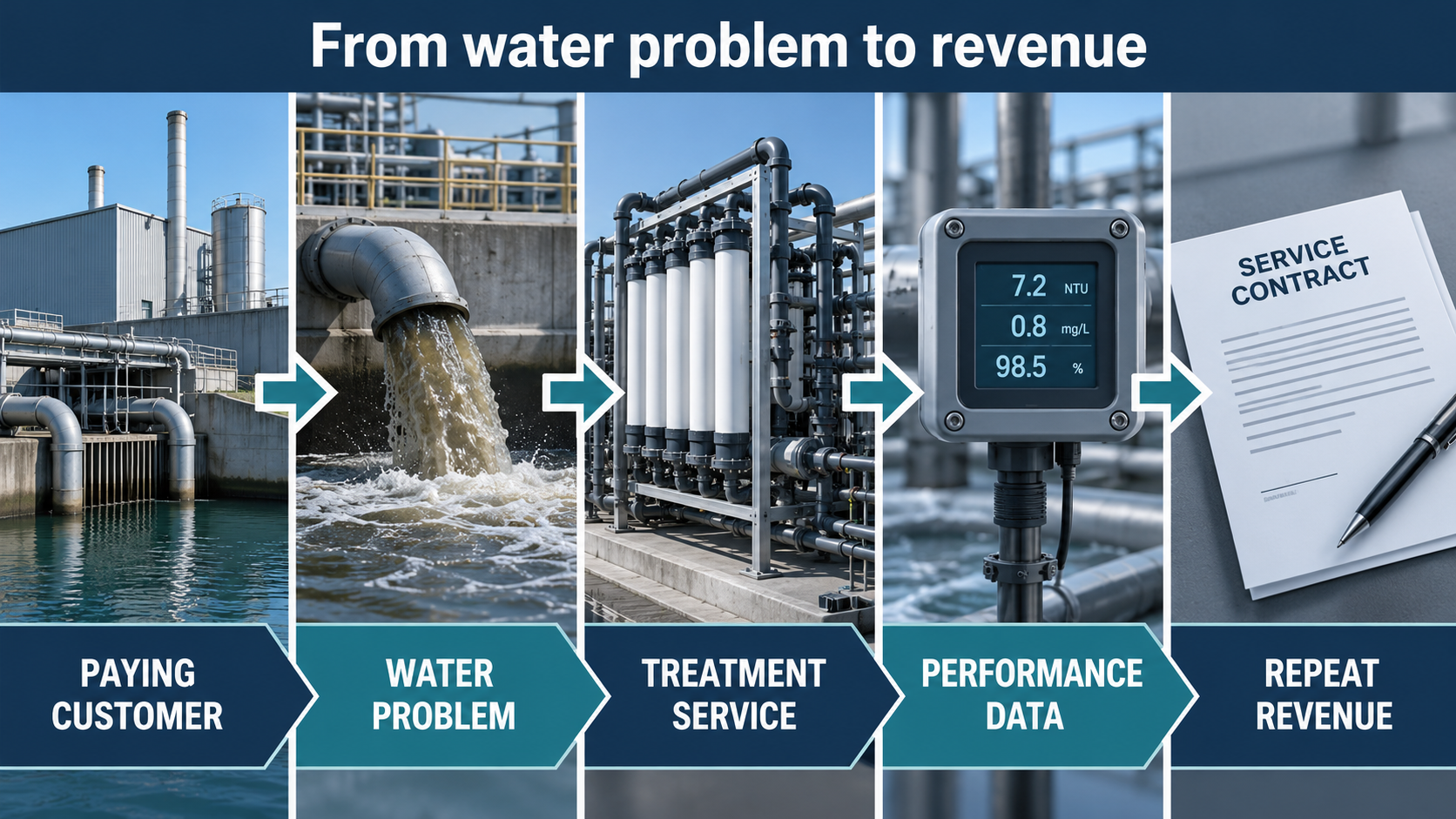 Diagram showing a paying customer, treatment service, performance data and repeat revenue