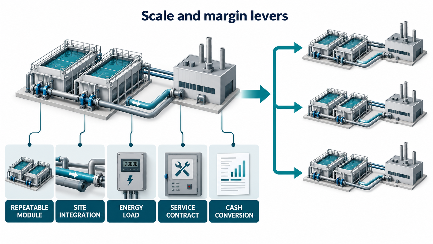 Diagram showing treatment modules, site integration, energy load, service contract and cash conversion