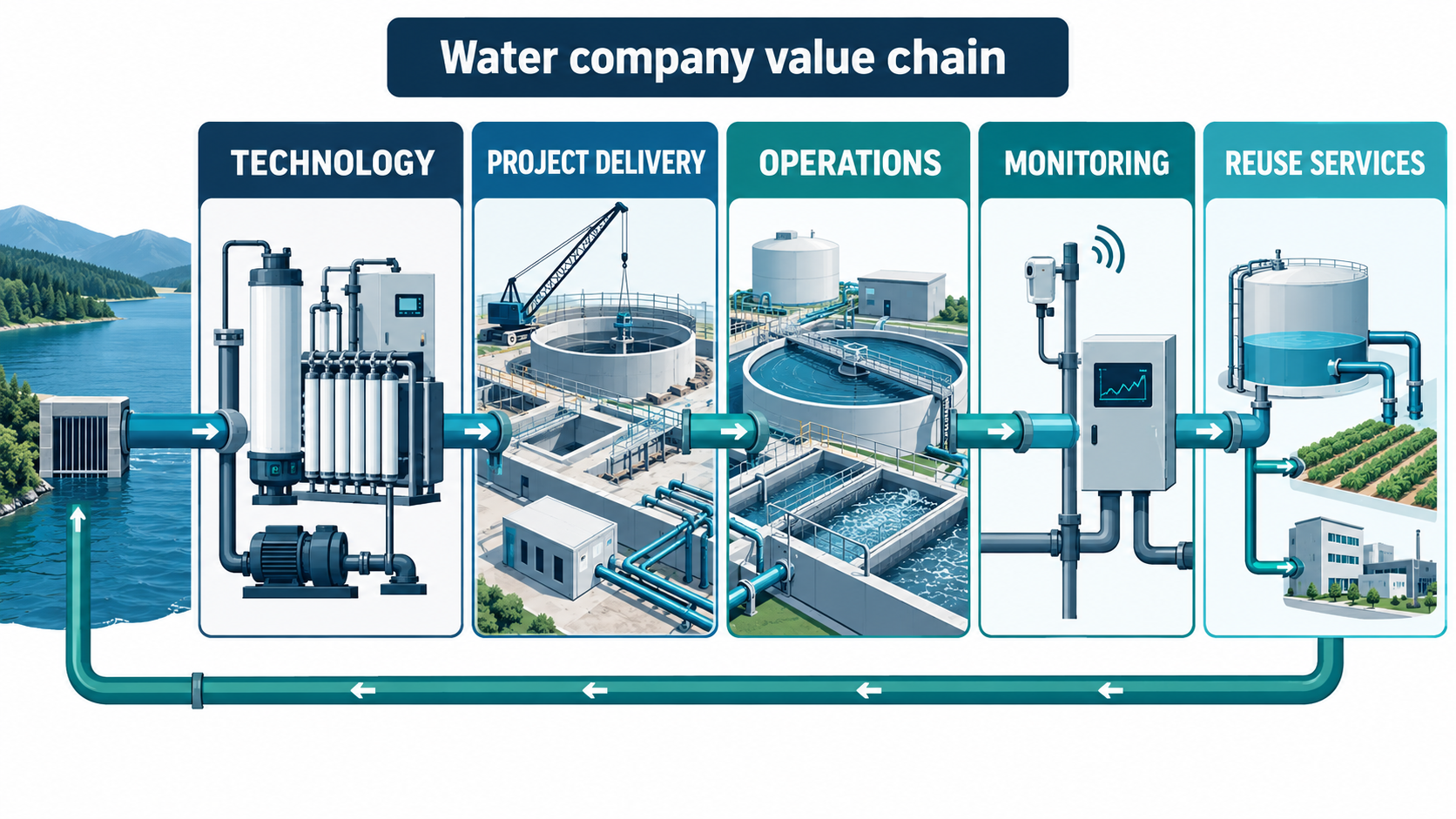 Diagram of a water company value chain from technology to reuse services
