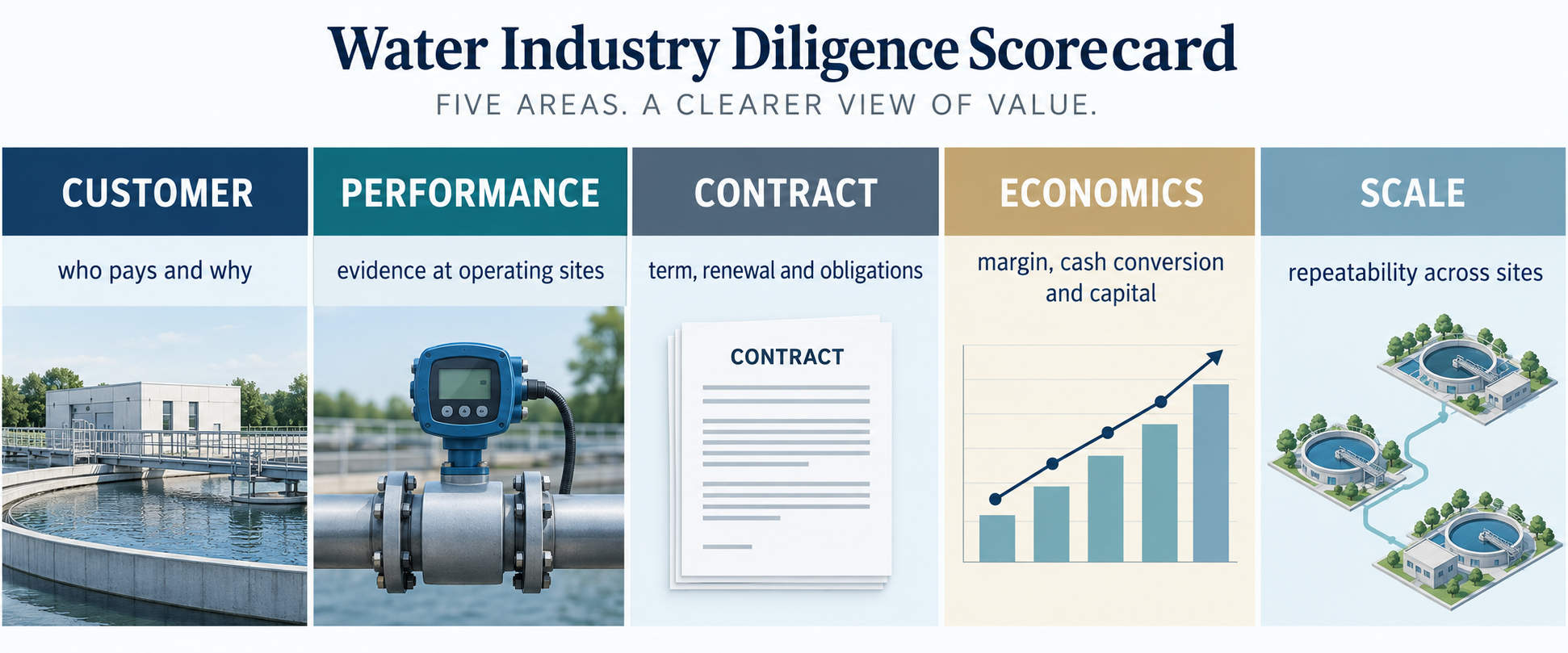 Water industry diligence scorecard covering customer, performance, contract, economics and scale