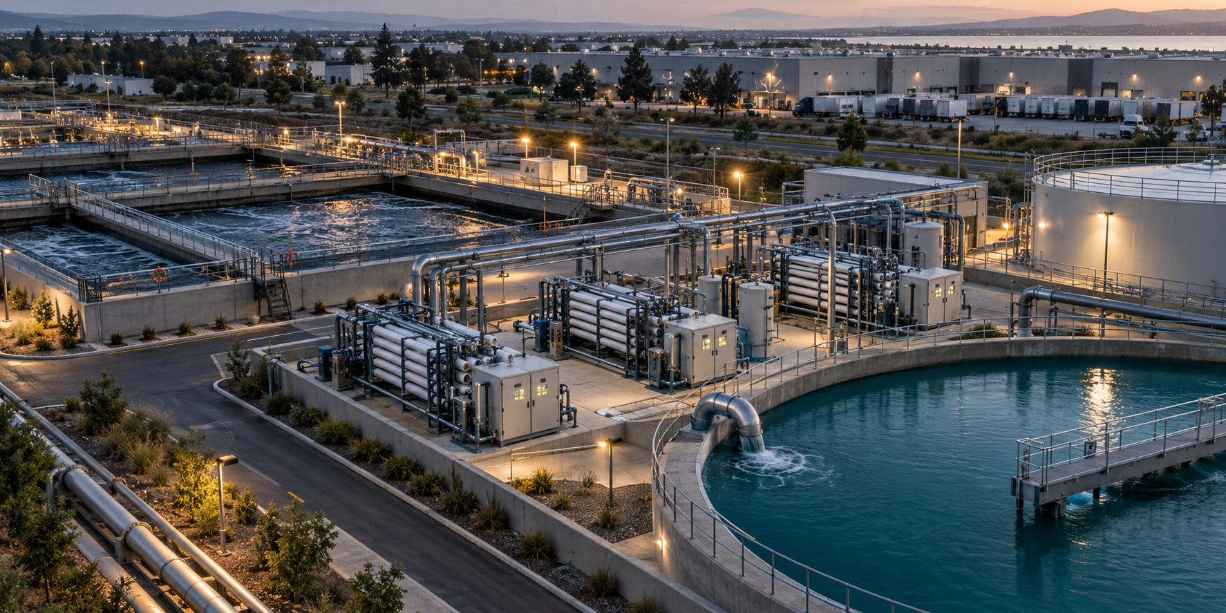 Water treatment and reuse infrastructure with basins, membrane equipment and pipework