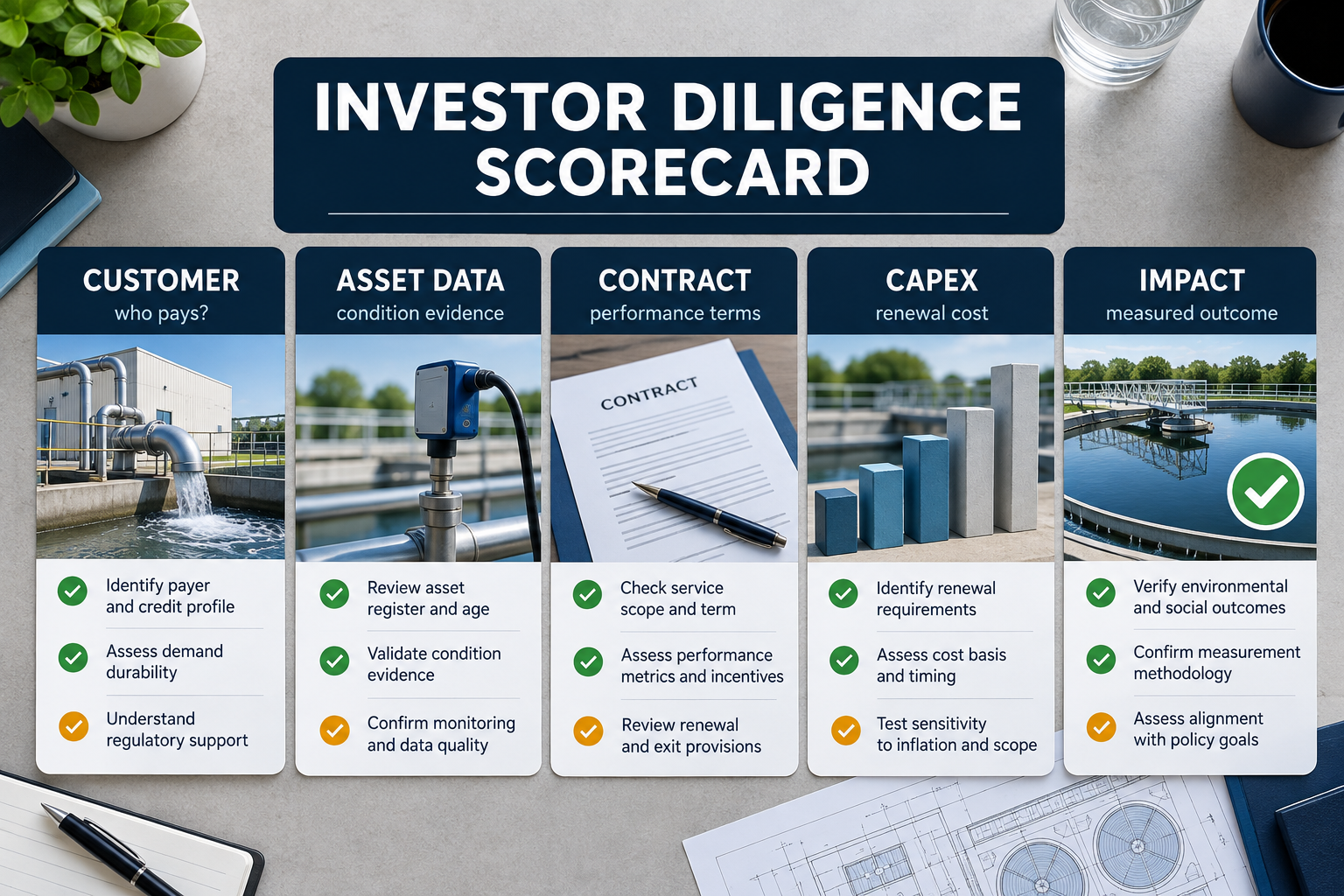 Investor diligence scorecard covering customer, asset data, contract, capital expenditure and impact