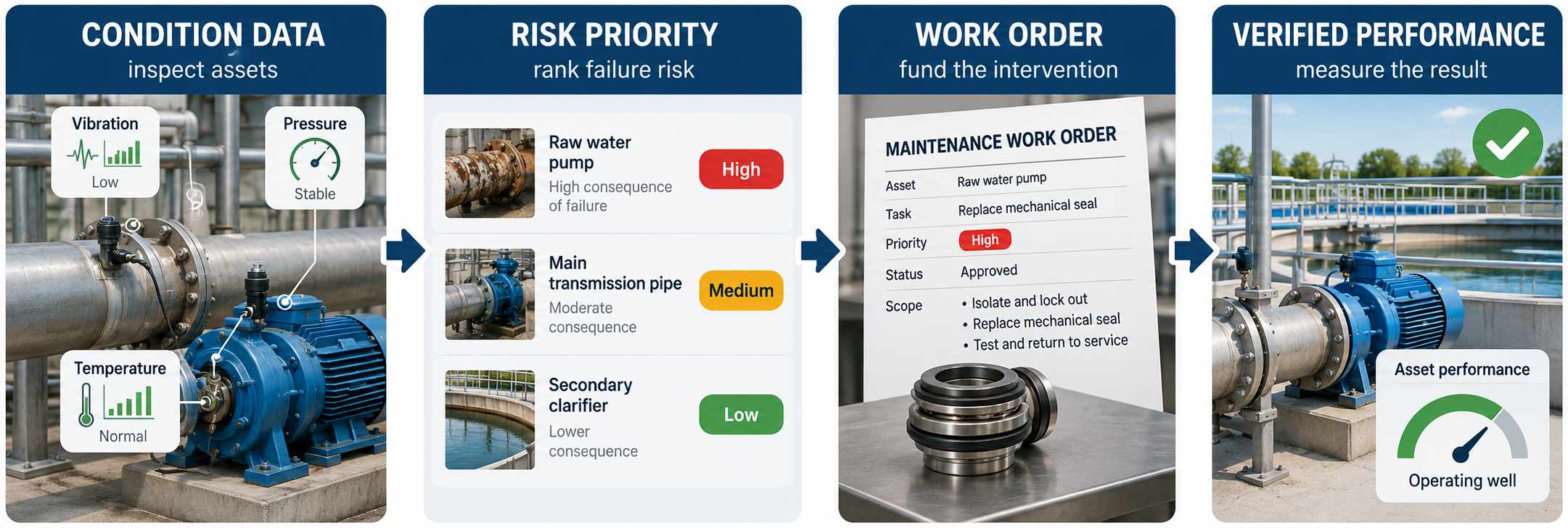 Water infrastructure evidence chain from condition data to risk priority, work order and verified performance