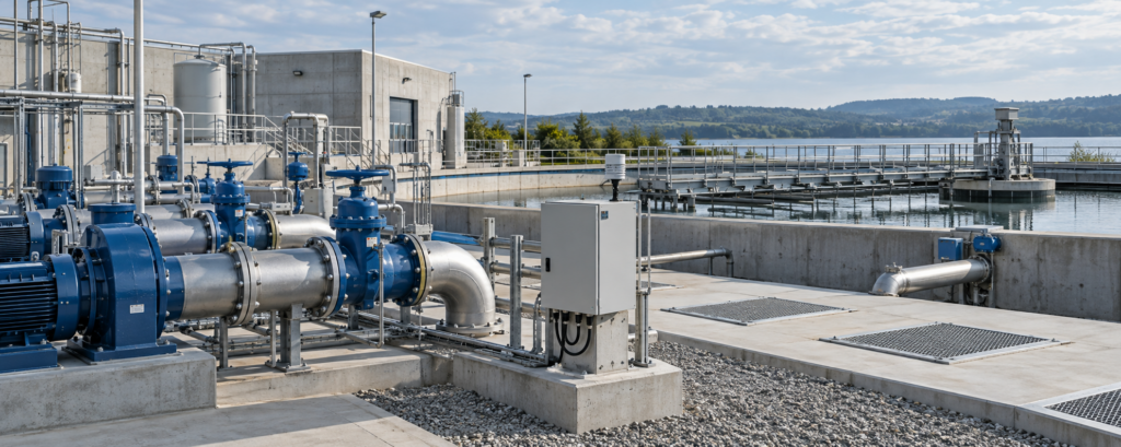 Modern water pumping and treatment station with pipes, valves and a sensor cabinet