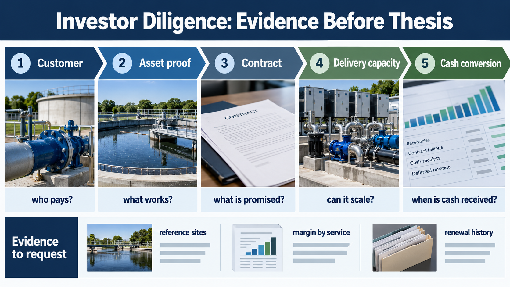 Investor diligence framework covering customer, asset proof, contract, delivery capacity and cash conversion