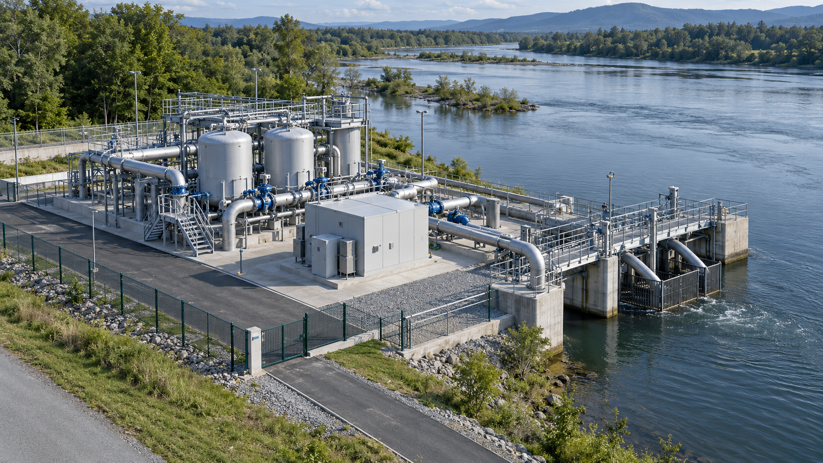 Water treatment and pumping compound beside a river intake