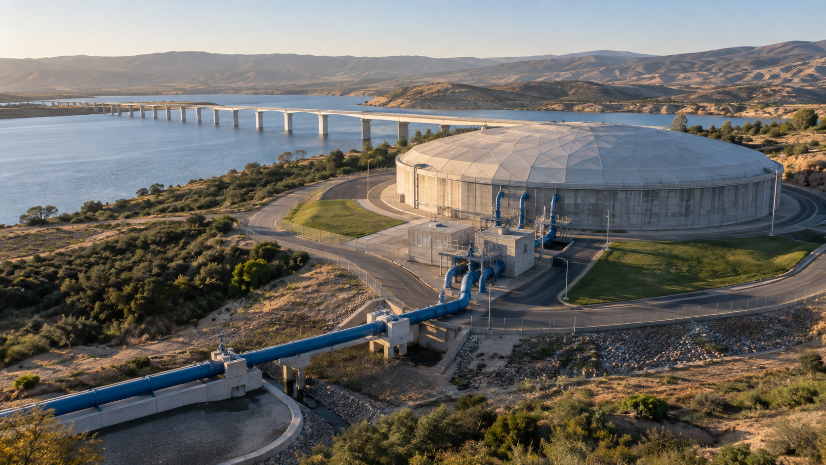 Covered water reservoir connected to a transfer pipeline and bridge over a reservoir