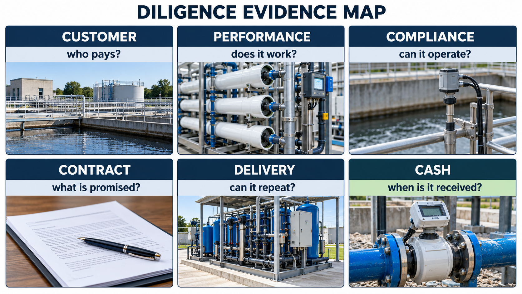 Six-part water-innovation diligence map covering customer, performance, compliance, contract, delivery and cash